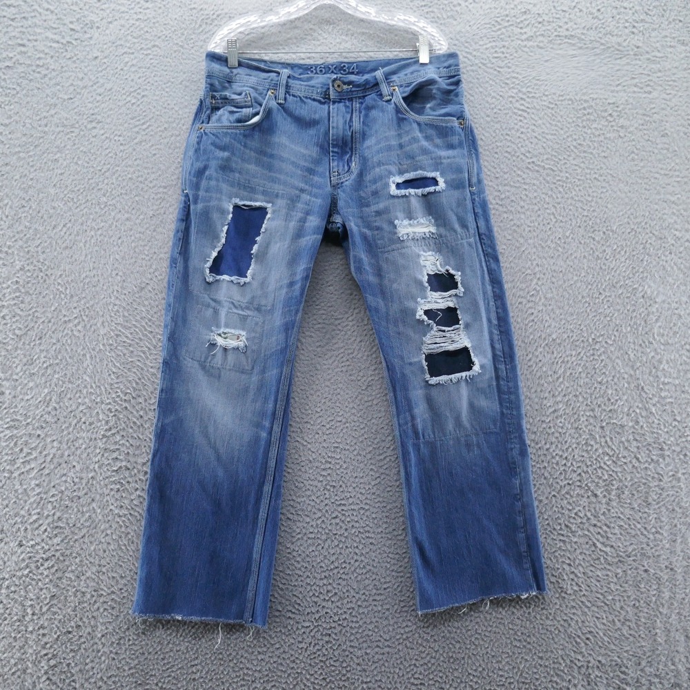 Artful Dodger Mens Y2K Distressed Patchwork Jeans Blue Denim Straight Leg‎ 36x34
